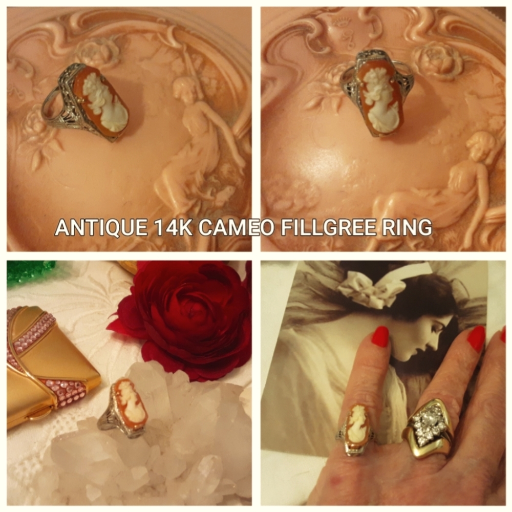 ANTIQUE 14K SOLID GOLD, FILLGREE CAMEO RING, SIZE 3 1/4